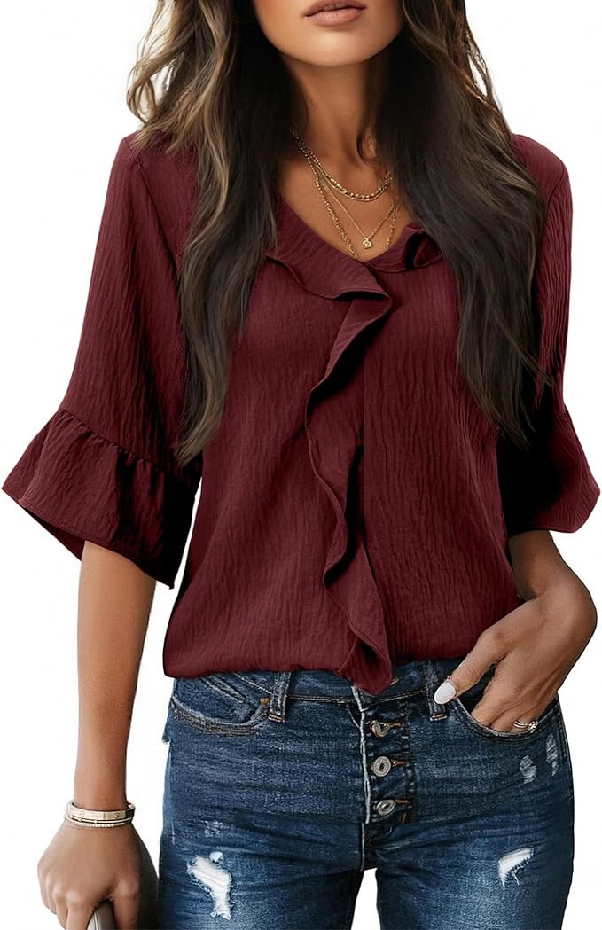 siliteelon Womens Blouses Dressy Casual 3/4 Sleeve Ruffle Bell Top Ladies Business Formal Work Sh... | Amazon (US)