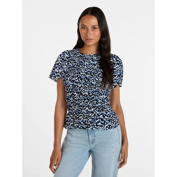Time and Tru Women's Smocked Top with Short Puff Sleeves, Sizes XS-XXXL | Walmart (US)