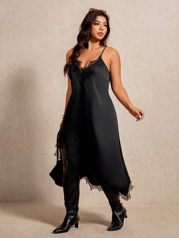 Elaquor Plus Size Women's Elegant Black Satin Maxi Dress,Lace Trim High Slit Slip Dress, & Charmi... | SHEIN