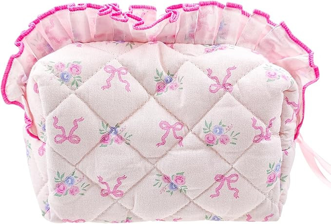 Arvintas Quilted Makeup Bag, Cute Pouch Travel Toiletry Period Bag, Pink bow Zipper Make Up Pouch... | Amazon (US)