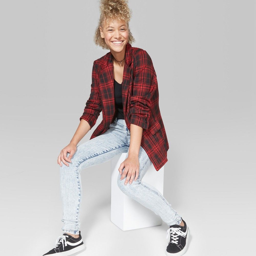 Women's Plaid Oversized Blazer - Wild Fable Red L | Target