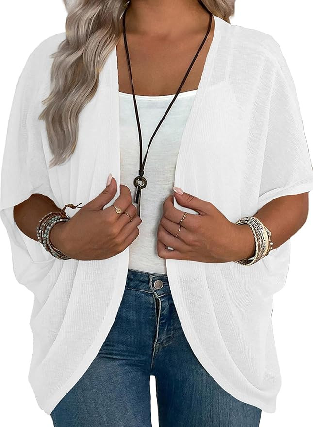 Womens Plus Size Cardigan Half Sleeve Lightweight Summer Kimono Cover Up Tops(1X-5X) | Amazon (US)