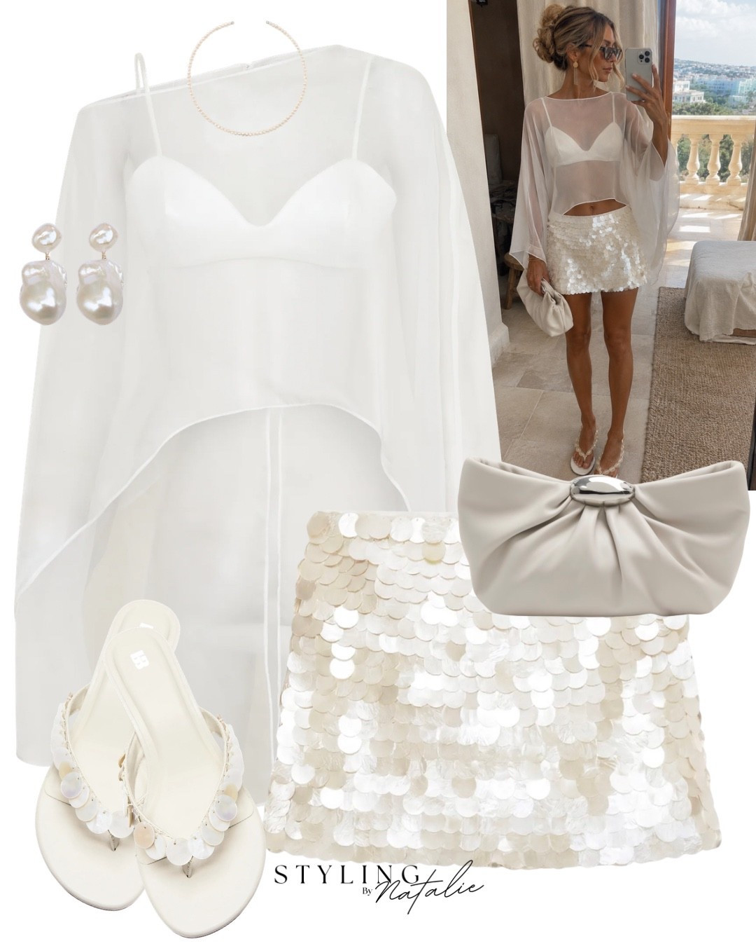 Summer sequins ✨ 🐚 
Bralette with chiffon cape top, iridescent pearl sequin mini skirt, clutch bag, beaded sandals and pearl earrings. 
🏷️ Ibiza outfit, Mykonos, Marbella, Saint Tropez, summer nights, date night, holiday evening, vacation style, bridal era, Hen do, bachelorette outfit, summer outfit, @Meshki UK @Pull & Bear

#LTKsummer #LTKuk #LTKpartywear