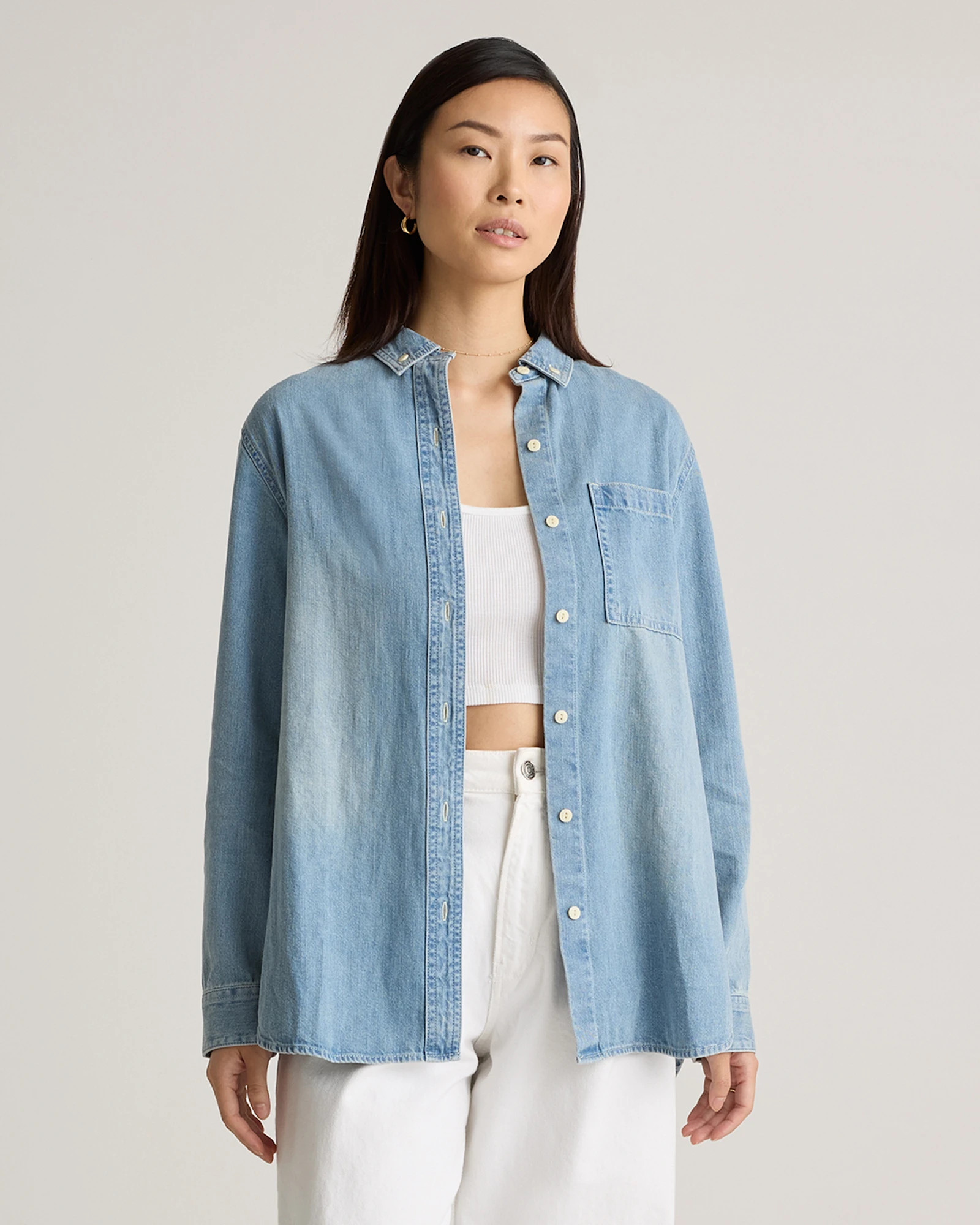 Quince | Women's Distressed Denim OverSized Shirt in Blue, Size Small, Cotton | Quince