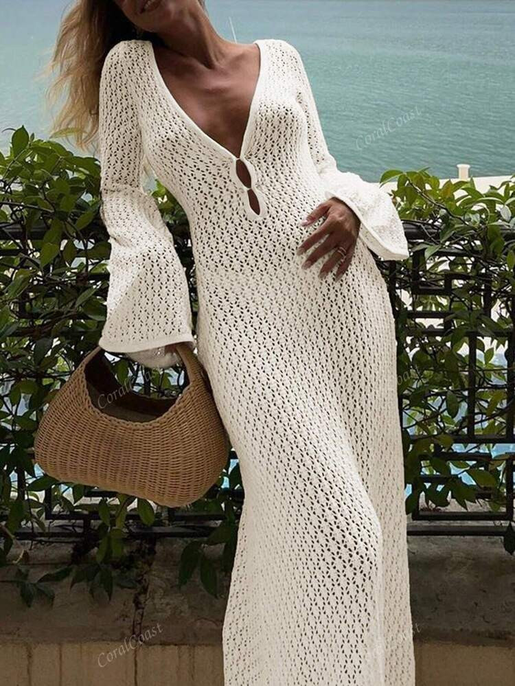 Spring-Summer Crocheted V-Neck Backless Ruched Waist Bodycon Dress For Holiday,Beach Vacation | SHEIN