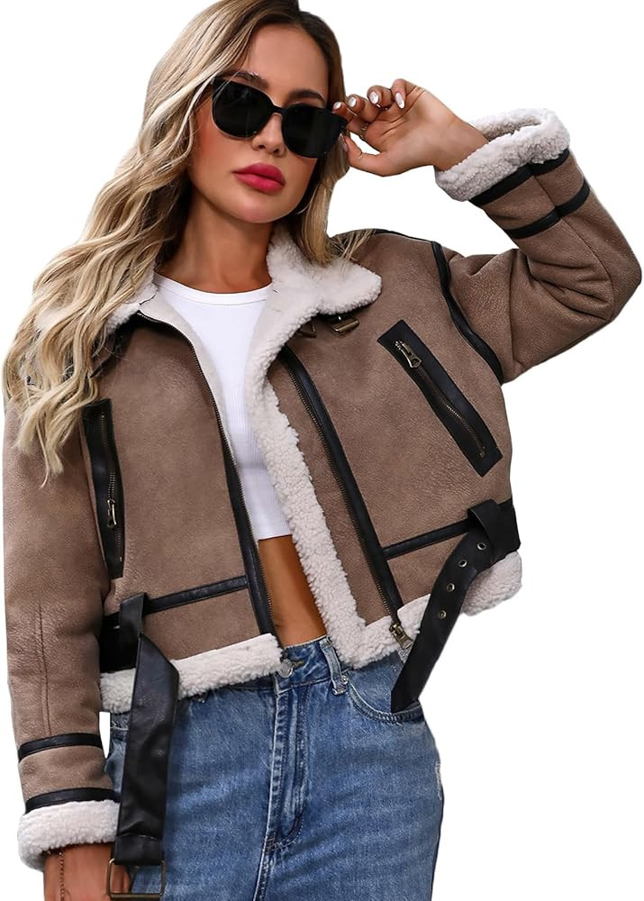 Winter Women Faux Lamb Fur Leather Jacket Warm Fur Lined Zipper Cropped Bomber Aviator Coat | Amazon (US)