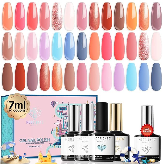 Modelones 24 Pcs Gel Nail Polish Kit 7 ML, Summer 20 Colors Set Nude Coral Pink Peaches Glitter B... | Amazon (US)