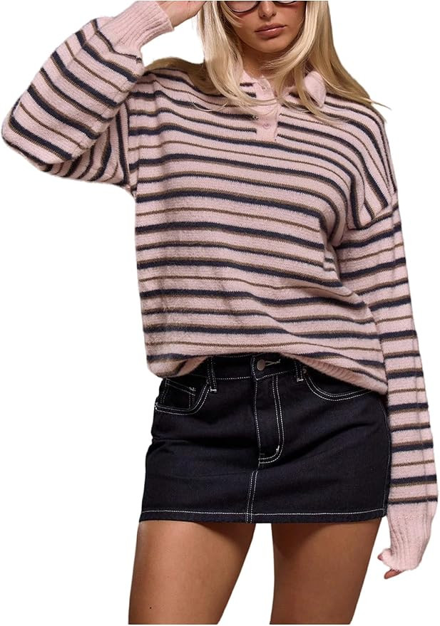 Women's Striped Lightweight Golf Sweaters Long Sleeve Collared Button Loose Fit Pullover Tops | Amazon (US)