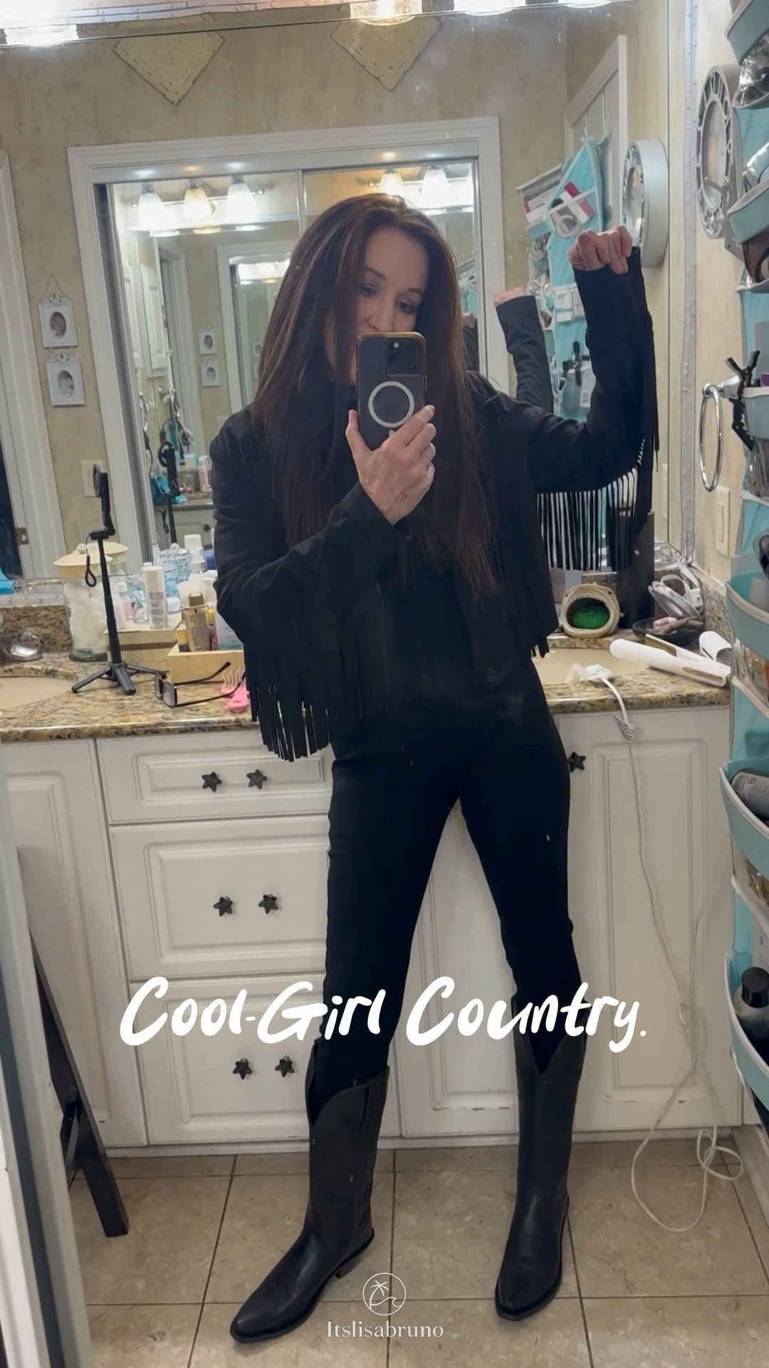 Step into cool girl country with this bold black catsuit layered under a suede fringe jacket and classic cowboy boots. Perfect for après-ski vibes or city nights, this look blends edgy western style with modern confidence.🖤

Watch how the fringe moves and the boots bring it all together — more styling ideas coming soon. Stay tuned! 🤠

#ad #CoolGirlCountry #CatsuitStyle #FringeJacket #CowboyBoots #ApresSkiStyle #WinterFashion #WesternChic #LTKStyle #BoldOutfits #WinterWardrobe


#LTKootd #LTKSeasonal #LTKOver40