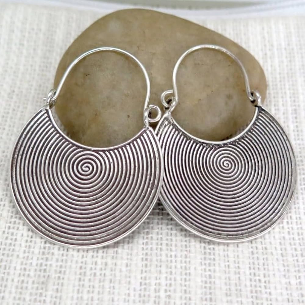Amazon.com: Silvery Boho Ethnic Hoop Earrings, Handmade Spiral Oxidized Dark Disc Gypsy Tribal Mo... | Amazon (US)