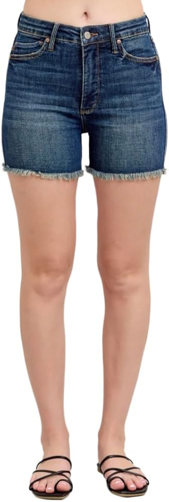 Judy Blue Tummy Control Fray Hem Denim Shorts | Amazon (US)