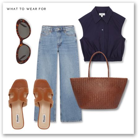 An easy spring to summer look ☀️ wide leg jeans and a navy cropped shirt, paired with a basket tote, Dune tan sandals & sunglasses 🕶️ 

#LTKSeasonal #LTKeurope #LTKstyletip