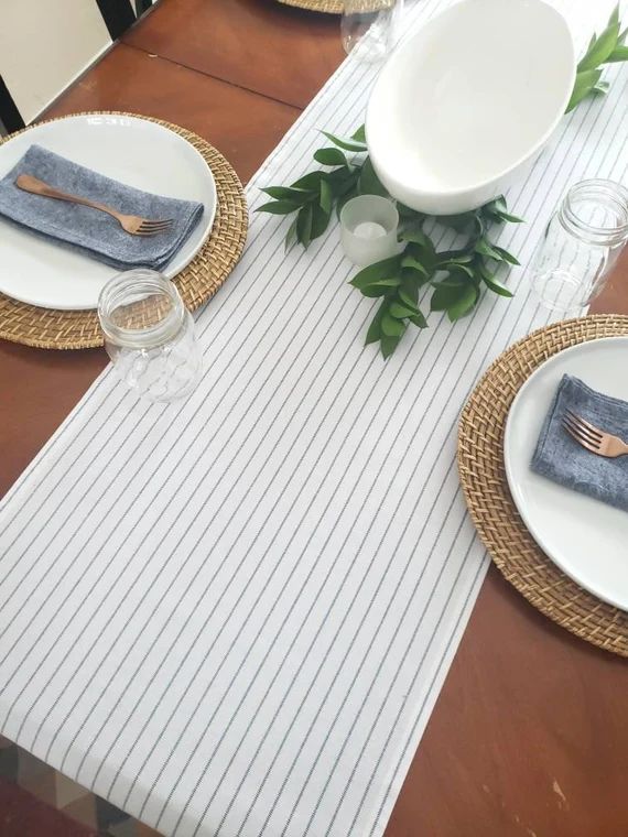 Blue Ticking Stripe Runner, Summer Table Runner, Blue & White Table Runner | Etsy (US)