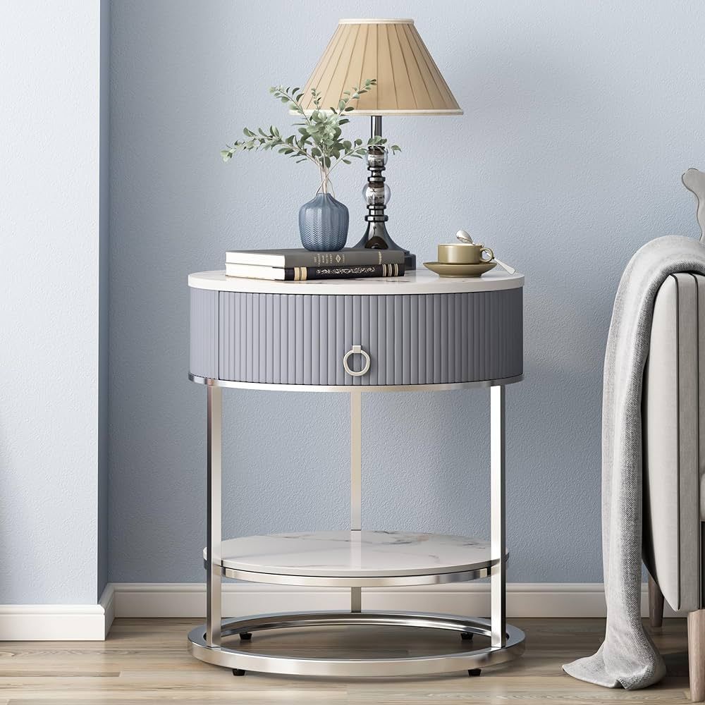 OIOG Modern End Table with Drawer, 2 Tier Side Table with Shelf, Round Nightstand with Sintered S... | Amazon (US)