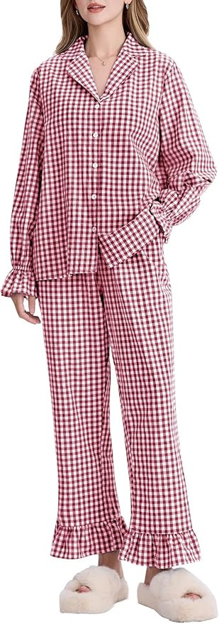 Kissonic Women Gingham Pajama Sets Cotton Long Sleeve Button Down Shirt and Pants Y2K Pjs Lounge ... | Amazon (US)