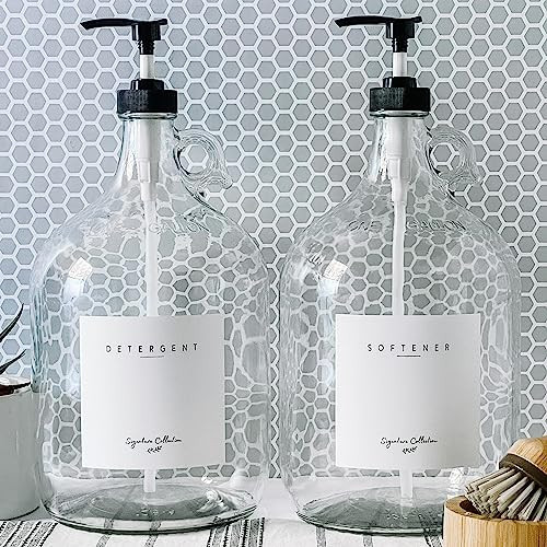 Laundry Detergent Jugs - Two 128 oz Glass Jugs, Liquid Laundry Soap or Bleach Dispenser, Black Pump, Includes 4 Labels | Amazon (US)