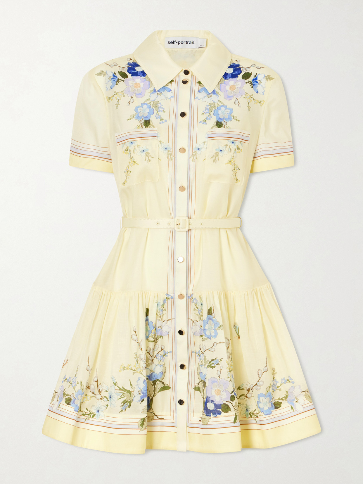 Self-Portrait - Belted Floral-print Organza Mini Shirt Dress - Yellow | NET-A-PORTER (US)