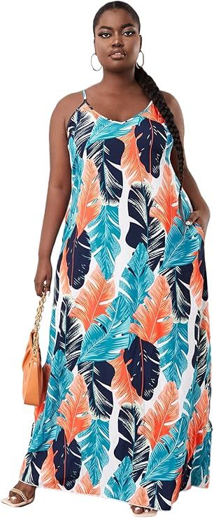 MakeMeChic Women's Plus Size Boho Tropical Spaghetti Strap Low Back Maxi Summer Dress | Amazon (US)
