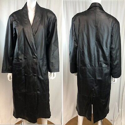 Vintage M Black Leather Double Breasted Long 80s 90s Y2K Women’s Trench Coat  | eBay | eBay US