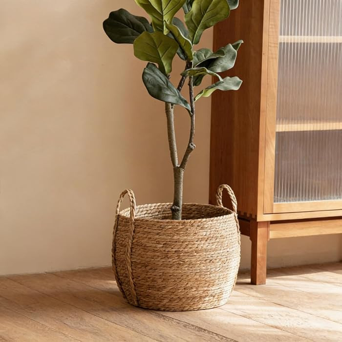 12 inch Large Seagrass Woven Planter Basket with Handles - Wicker Planter Basket with Plastic Fil... | Amazon (US)
