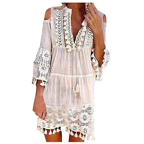 Summer Dresses,Long Sleeve Vacation Dresses Casual Lace Flowy Plus Size Elegant Fringe Boho Dress Sexy V Neck Cold Shoulder Mini Dress for Holiday Daily Wear Date Night White S | Amazon (US)