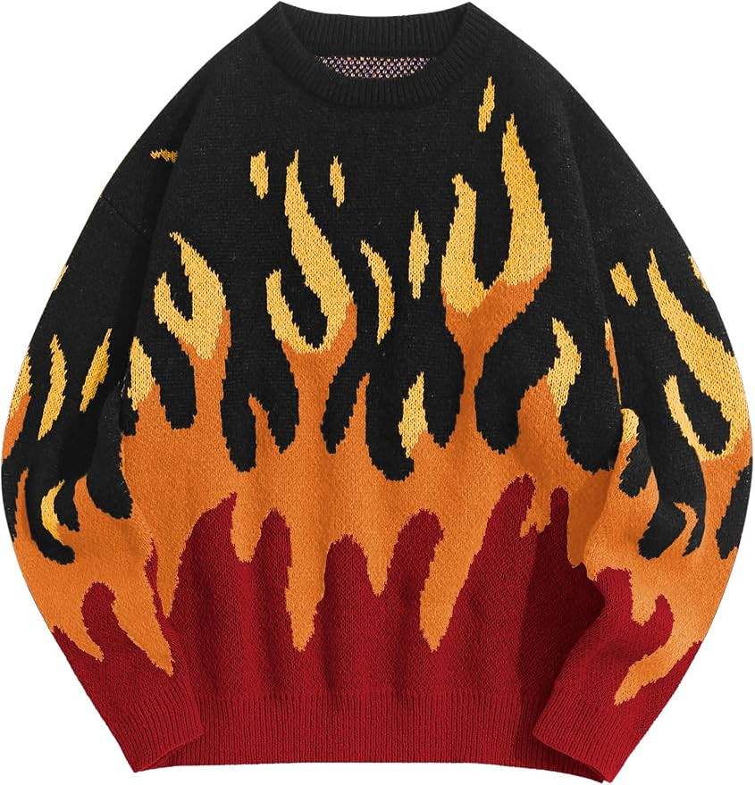 ZAFUL Men's Oversized Sweater Y2K Aesthetic Flame Graphic Crewneck Knit Pullover Unisex Casual Sw... | Amazon (US)