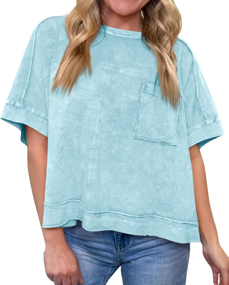 Cicy Bell Womens Summer Cropped T-Shirts Boxy Casual Short Sleeve Crew Neck Tops Acid Wash Cotton... | Amazon (US)