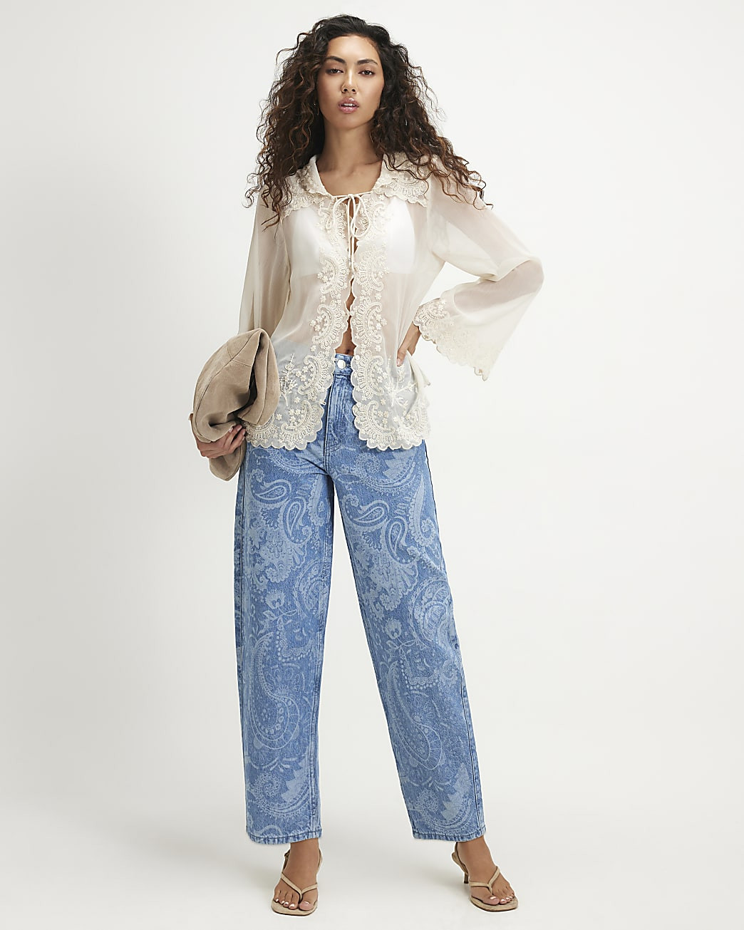 Blue Mid Rise Paisley Core Barrel Leg Jeans | River Island UK & IE