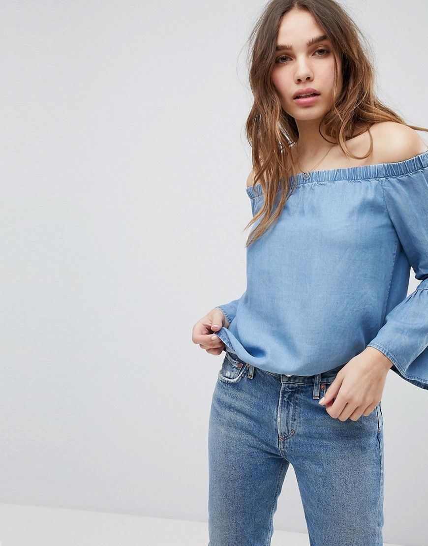 Only Off Shoulder Ruffle Sleeve Denim Top - Blue | ASOS US