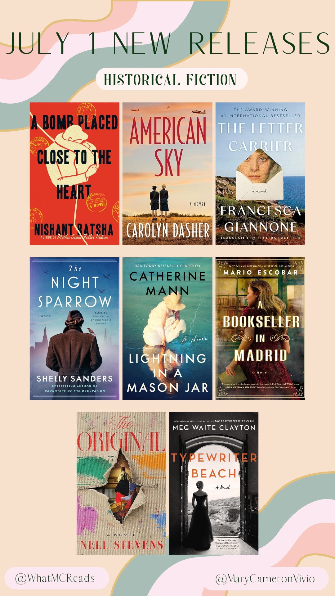 🏛️ July 1 Historical Fiction Releases You’ll Want to Savor Slowly🏛️

From war-torn cities to sunlit coastlines, these new historical fiction novels transport us across decades, continents, and unforgettable lives 🌎📚

📰 A Bomb Placed Close to the Heart - Nishant Batsha
📰 American Sky - Carolyn Dasher
📰 The Letter Carrier - Francesca Giannone
📰 Lightning in a Mason Jar - Catherine Mann
📰 The Night Sparrow - Shelly Sanders
📰 A Bookseller in Madrid - Mario Escobar
📰 Typewriter Beach - Meg Waite Clayton
📰 The Original - Nell Stevens

Whether you’re drawn to resistance, resilience, or quiet revolutions of the heart, these powerful stories deserve a place on your summer reading list.

#newbookreleases #historicalfiction #julybookreleases #historicalfiction #historicalreads new book releases, historical fiction, July book releases, historical fiction, historical reads, TBR list, must read books #tbrlist #mustreadbooks #womeninhistory

#LTKSaleAlert #LTKFindsUnder50 #LTKHome