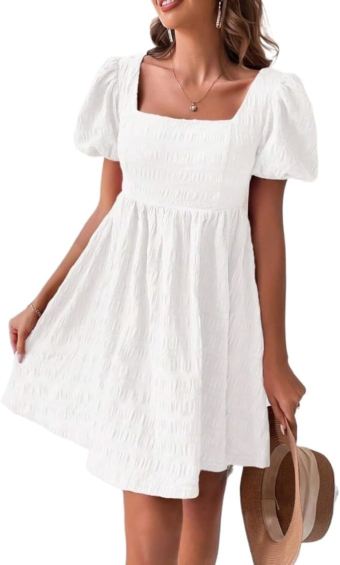 Womens Solid Color Short Sleeve Square Neck Puff Dress Backless Summer Dresses for Women | Amazon (US)