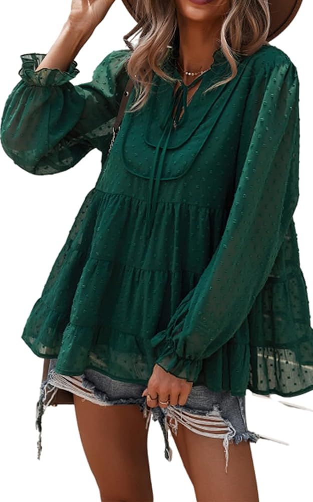 PRETTYGARDEN Women’s Boho Ruffle Chiffon Blouse V Neck Long Sleeve Loose Tunic Tops Swiss Dot P... | Amazon (US)