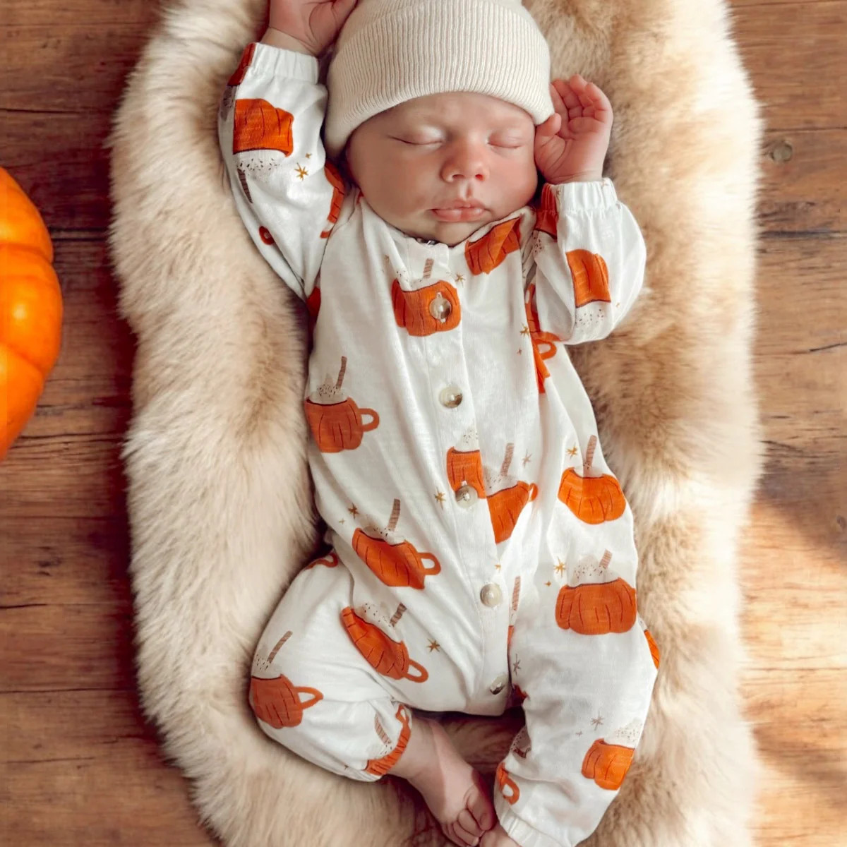 Pumpkin Mug / Organic Long Sleeve Bay Jumpsuit | SpearmintLOVE