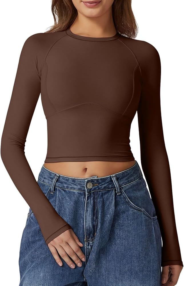 QINSEN Women's Crewneck Long Sleeve Shirts Double Lined Fitted Crop Top Seam Cup Going Out Tops | Amazon (US)