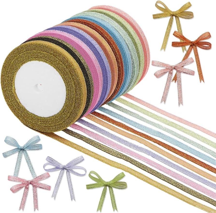 10 Rolls 250 Yards Giltter Ribbon for Gift Wrapping 1/4-Inch Metallic Glitter Ribbons (10 Colors)... | Amazon (US)