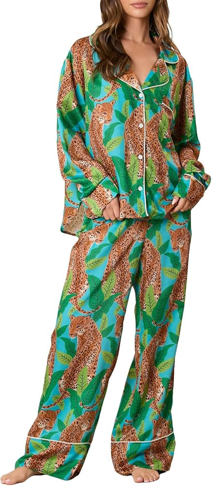 Women Floral Pajamas Lounge Set Y2k Long Sleeve Button Down Shirts Wide Leg Pants Fall Pjs Matchi... | Amazon (US)