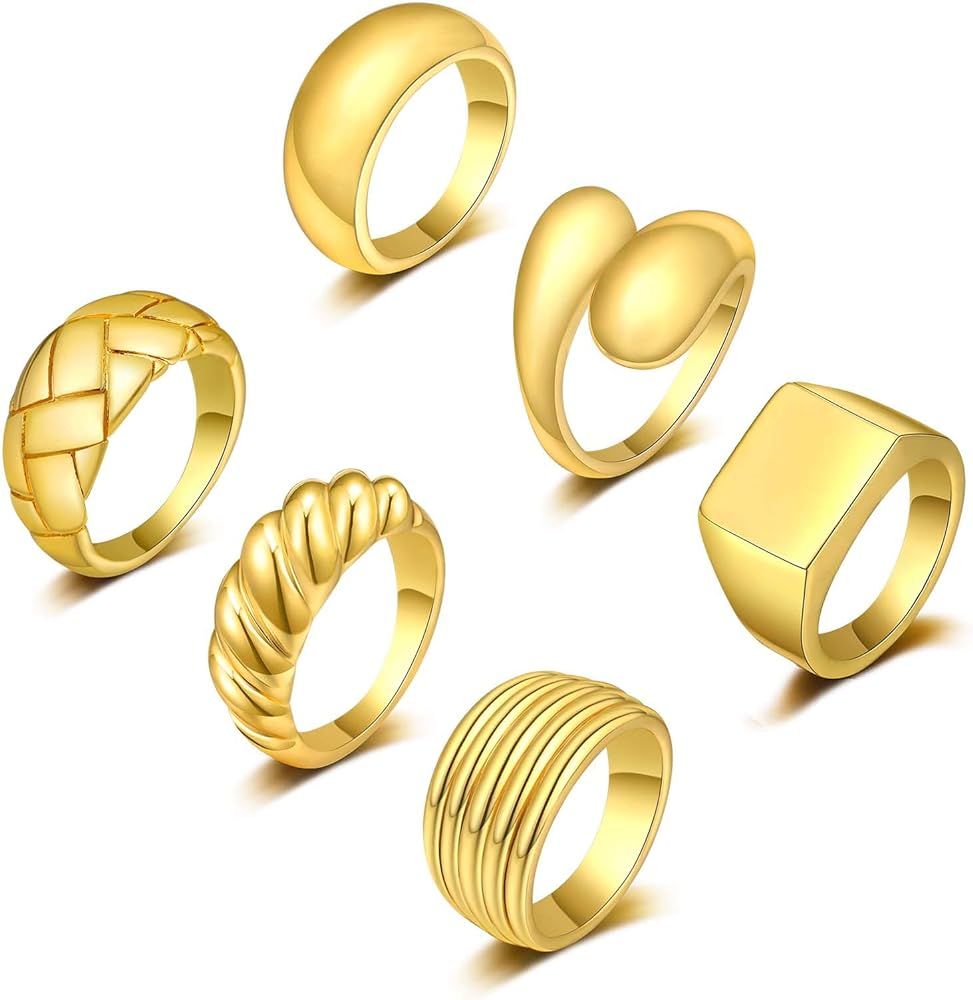 KOHOTA 6PCS Thick Dome Chunky Rings for Women 18K Gold Plated Braided Twisted Signet Ring Big Cro... | Amazon (US)