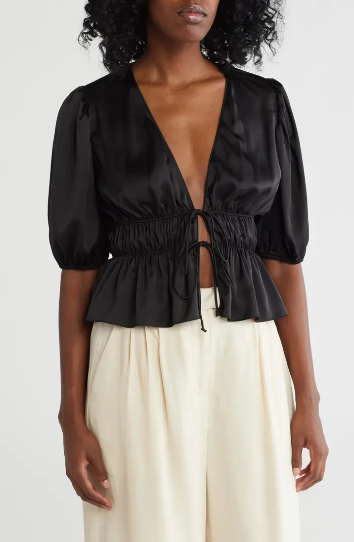 Puff Sleeve Tie Front Satin Top | Nordstrom Rack