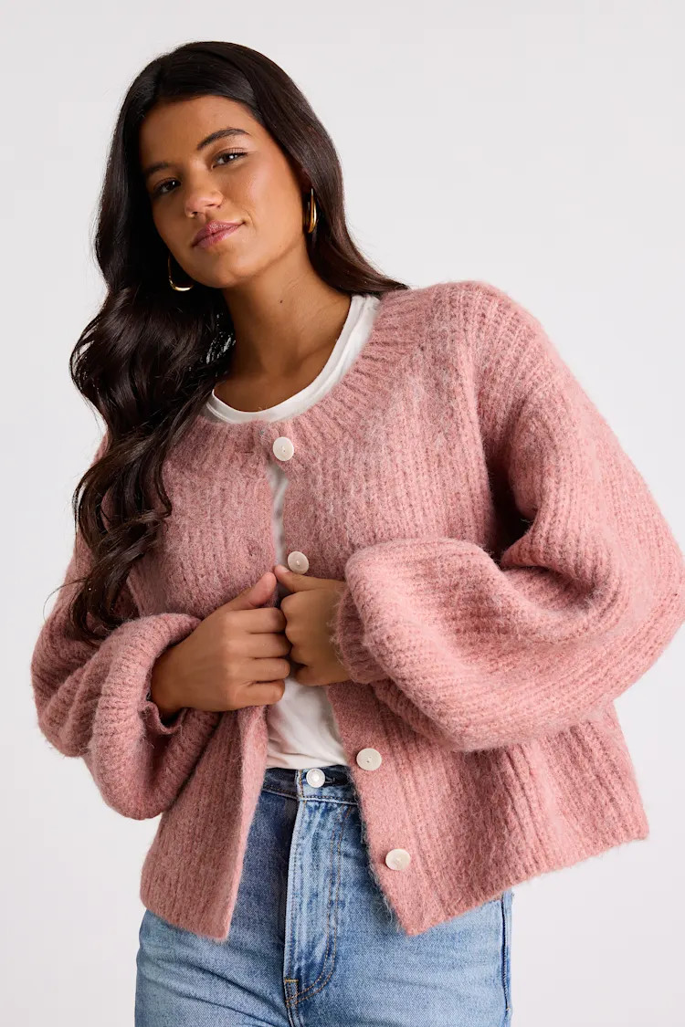 Marsden Heathered Pink Boxy Cardigan Sweater | Lulus