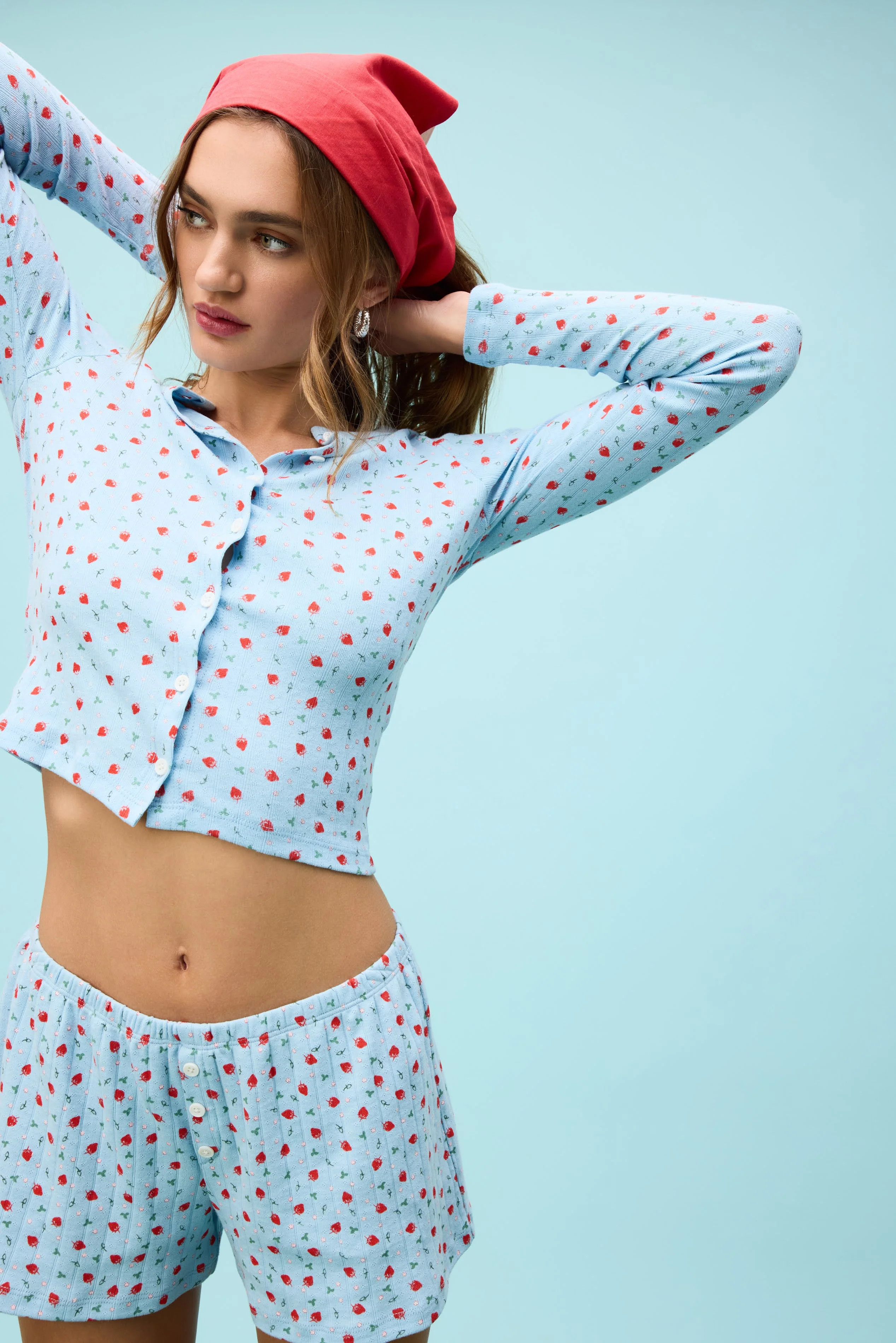 Strawberry All Over Print Pointelle Button Up | Daydreamer