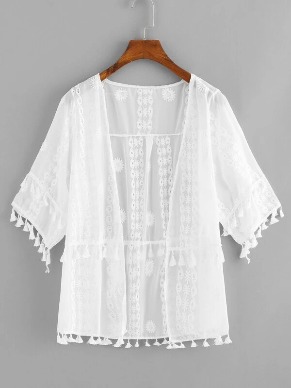 Sheer Fringe Trim Kimono | SHEIN