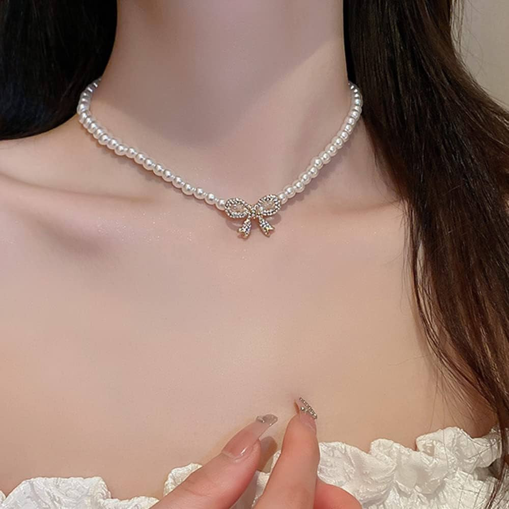 fxmimior Boho Gold Shiny Pearl Rhinestones Bow Choker Necklaces Dainty Rhinestones Pearls Chunky ... | Amazon (US)