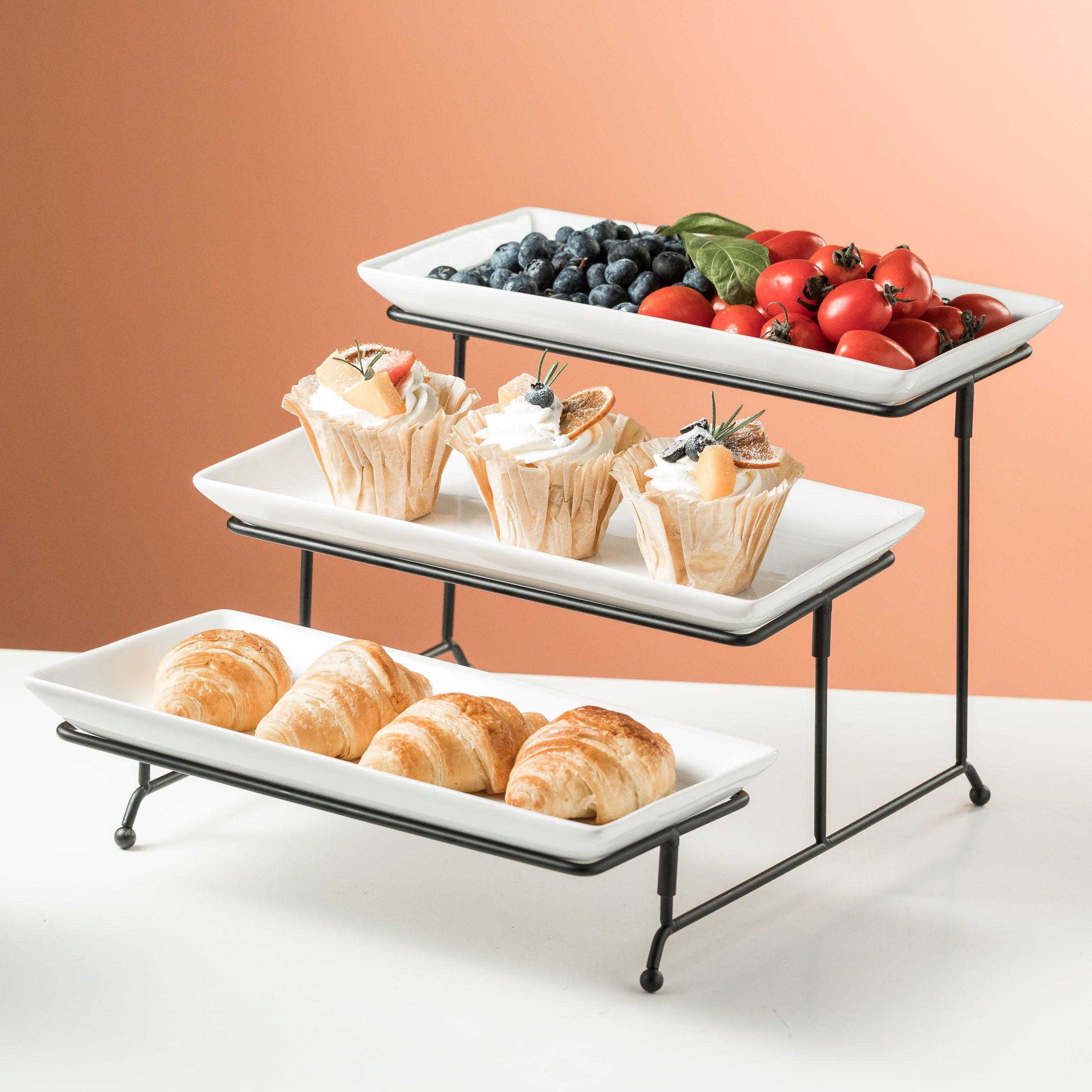 LAUCHUH 3 Tier Serving Plate Set Serving Trays Collapsible Metal Rack with 3 Square Porcelain Pla... | Walmart (US)
