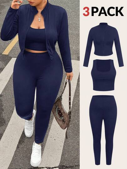 Muchica Plus Size Black Sleeveless Jacket, Elastic Lightweight Yoga Sports 3 Pieces Set | SHEIN U... | SHEIN