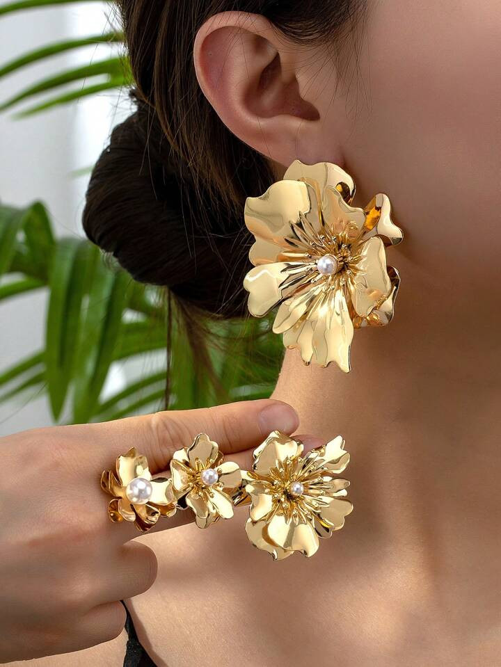 Set Of 4 Pairs Asymmetric Geometric Large And Small Flower Inlaid Pearl Pendant Vintage And Exagg... | SHEIN