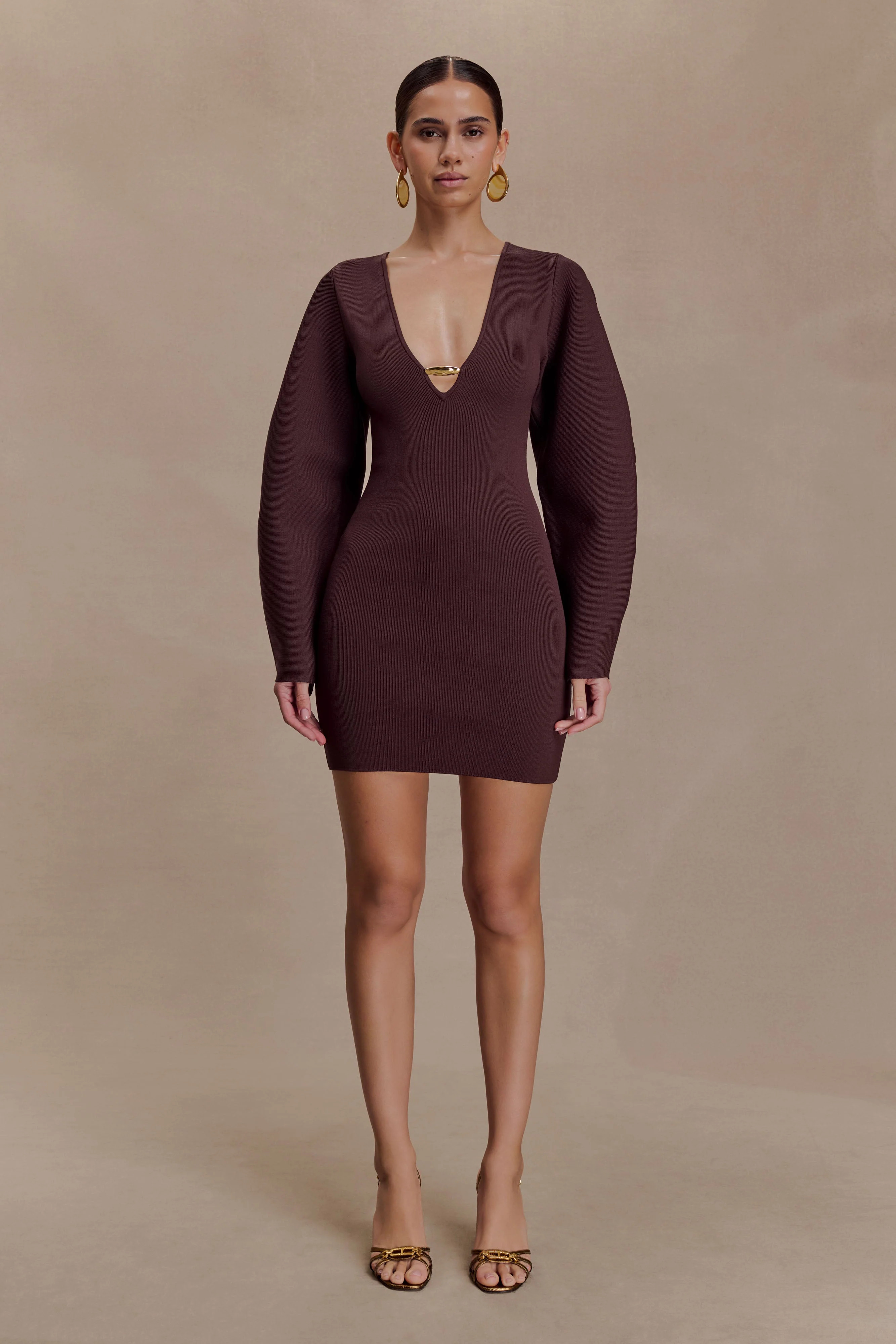 Billy Balloon Sleeve Knit Mini Dress - Dark Chocolate | MESHKI US