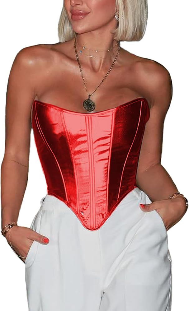 Leather Corset Tops for Women Strapless Lace Up Boned Sweetheart Neck Bodyshaper Bustier Sexy Cro... | Amazon (US)