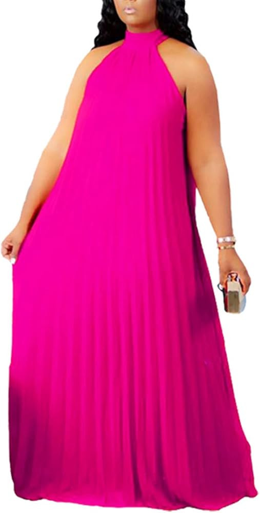 Aro Lora Womens Casual Sleeveless Plus Size Chiffon Halter Neck Pleated Loose Long Maxi Dress | Amazon (US)