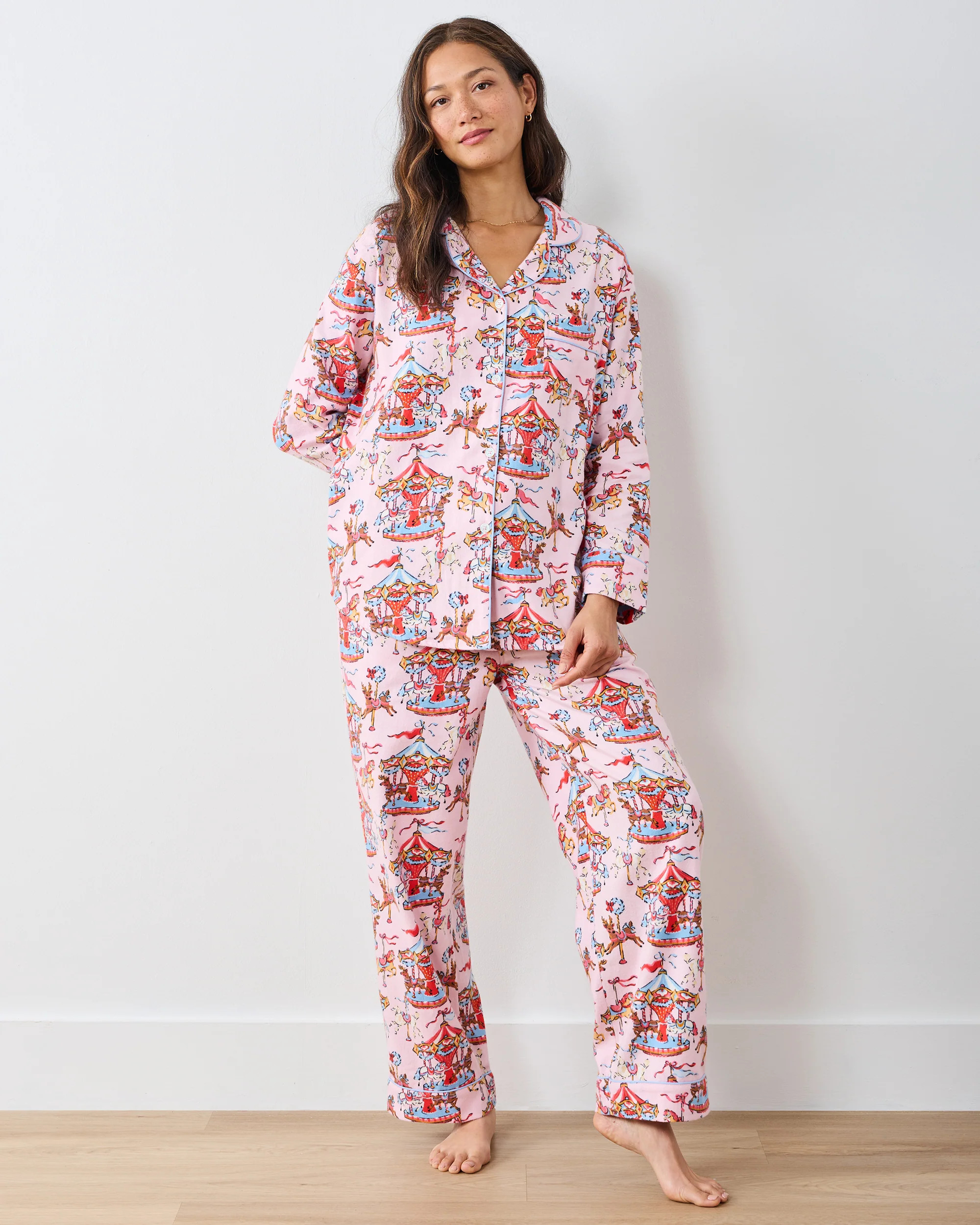 Christmas Carousel - Midweight Flannel Long PJ Set - Pink Garland | Printfresh