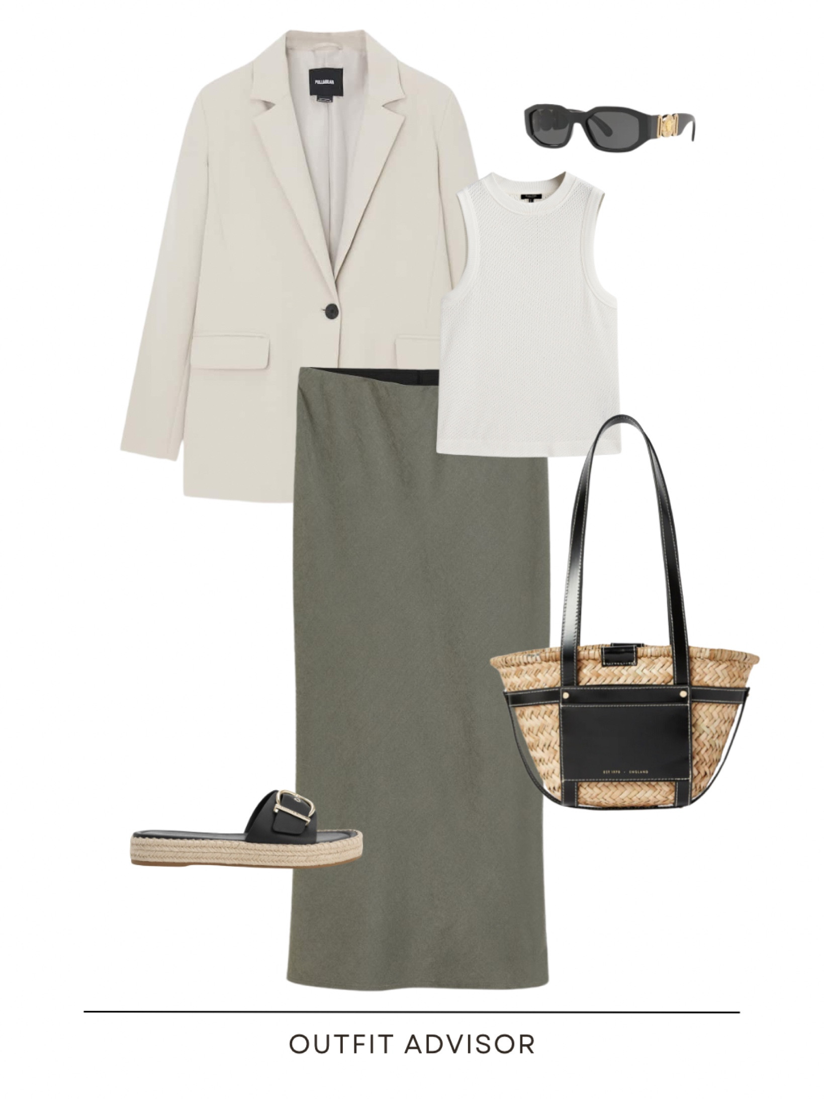 Casual summer outfit inspo: a cream blazer, Massimo Dutti tank top, olive green midi skirt, straw tote bag, sunglasses and sandals

#LTKtravel #LTKitbag #LTKstyletip